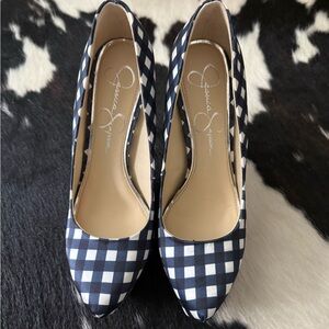 Jessica Simpson Gingham Pumps Women’s 6.5 Navy White Heels NWB
